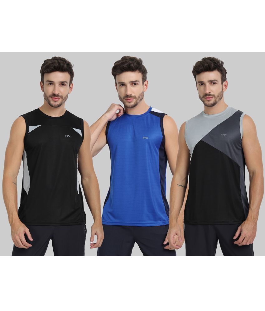     			FTX Polyester Regular Fit Colorblock Sleeveless Men's Round T-Shirt - Melange Blue ( Pack of 3 )