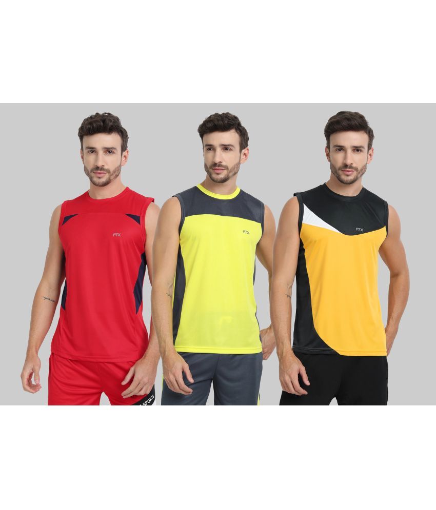     			FTX Polyester Regular Fit Colorblock Sleeveless Men's Round T-Shirt - Gold ( Pack of 3 )