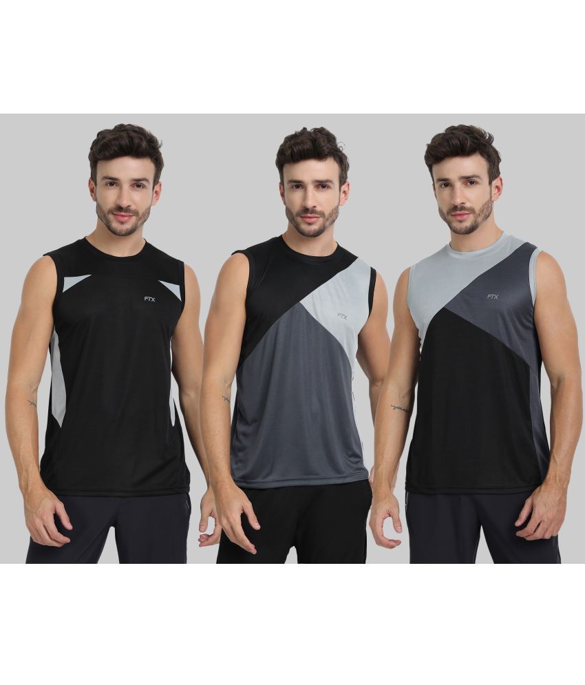     			FTX Polyester Regular Fit Colorblock Sleeveless Men's Round T-Shirt - Dark Grey ( Pack of 3 )