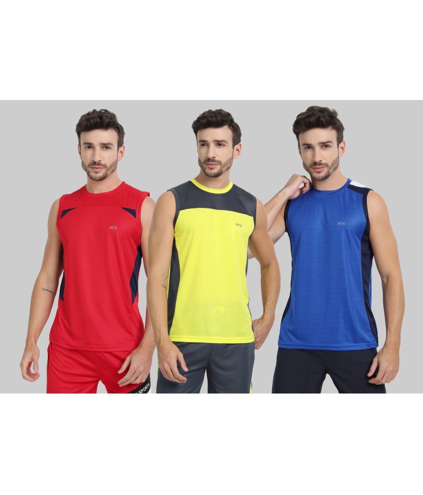     			FTX Polyester Regular Fit Colorblock Sleeveless Men's Round T-Shirt - Blue ( Pack of 3 )