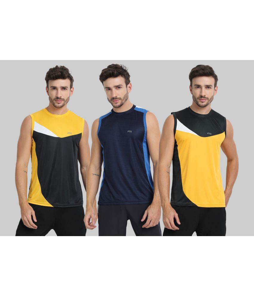     			FTX Polyester Regular Fit Colorblock Sleeveless Men's Round T-Shirt - Gold ( Pack of 3 )