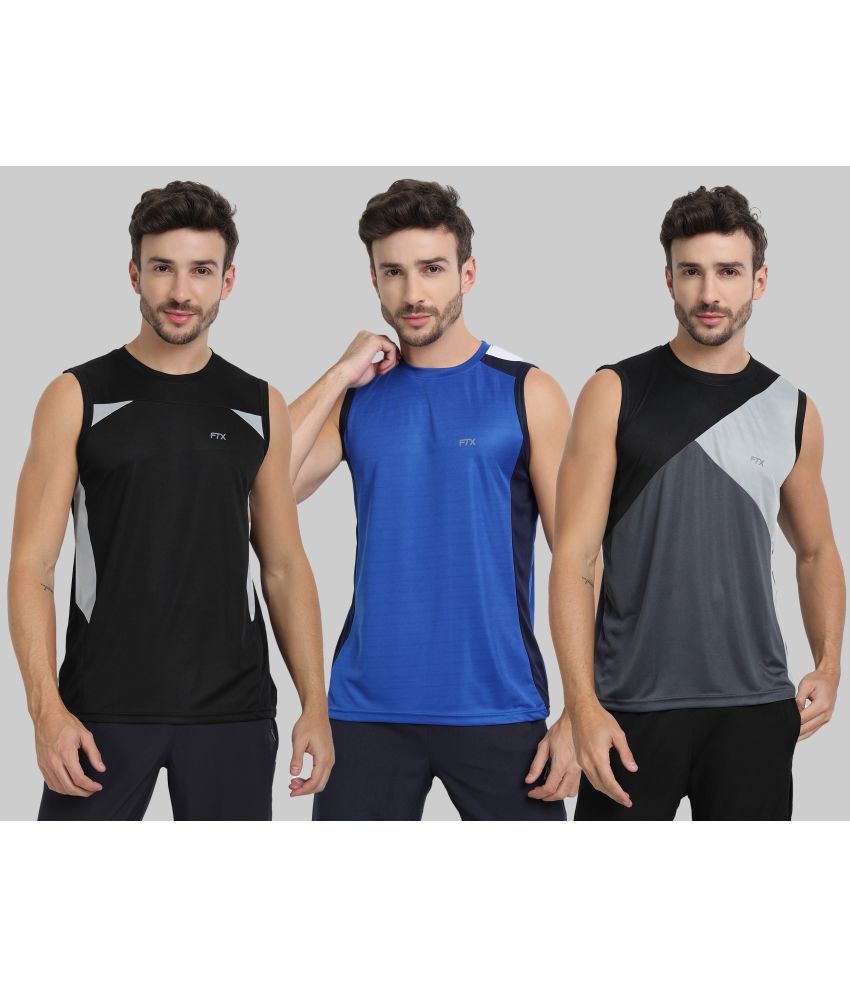     			FTX Polyester Regular Fit Colorblock Sleeveless Men's Round T-Shirt - Grey Melange ( Pack of 3 )