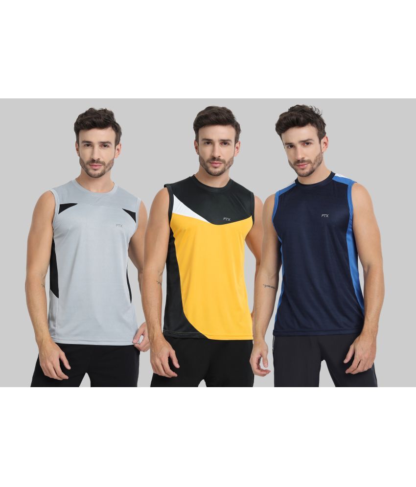     			FTX Polyester Regular Fit Colorblock Sleeveless Men's Round T-Shirt - Navy Blue ( Pack of 3 )