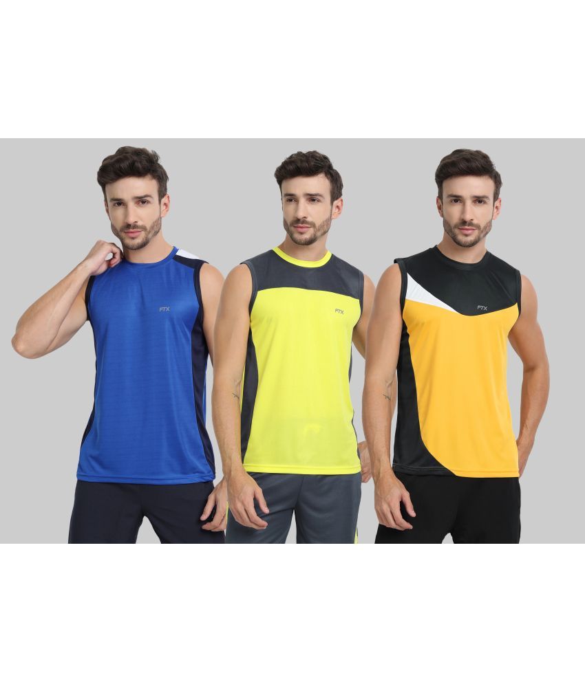     			FTX Polyester Regular Fit Colorblock Sleeveless Men's Round T-Shirt - Gold ( Pack of 3 )