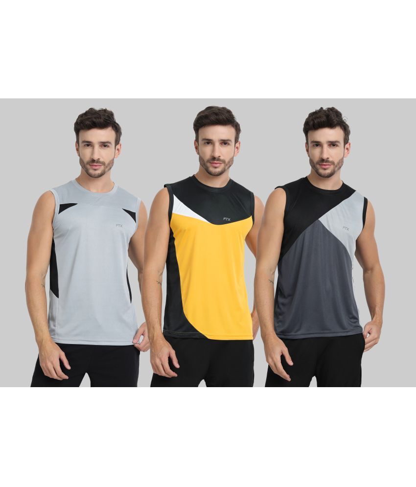     			FTX Polyester Regular Fit Colorblock Sleeveless Men's Round T-Shirt - Dark Grey ( Pack of 3 )