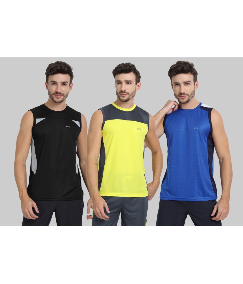     			FTX Polyester Regular Fit Colorblock Sleeveless Men's Round T-Shirt - Blue ( Pack of 3 )