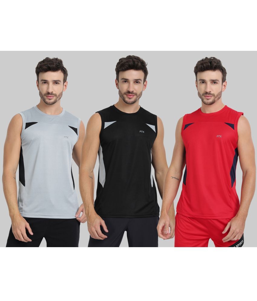     			FTX Polyester Regular Fit Colorblock Sleeveless Men's Round T-Shirt - Red ( Pack of 3 )