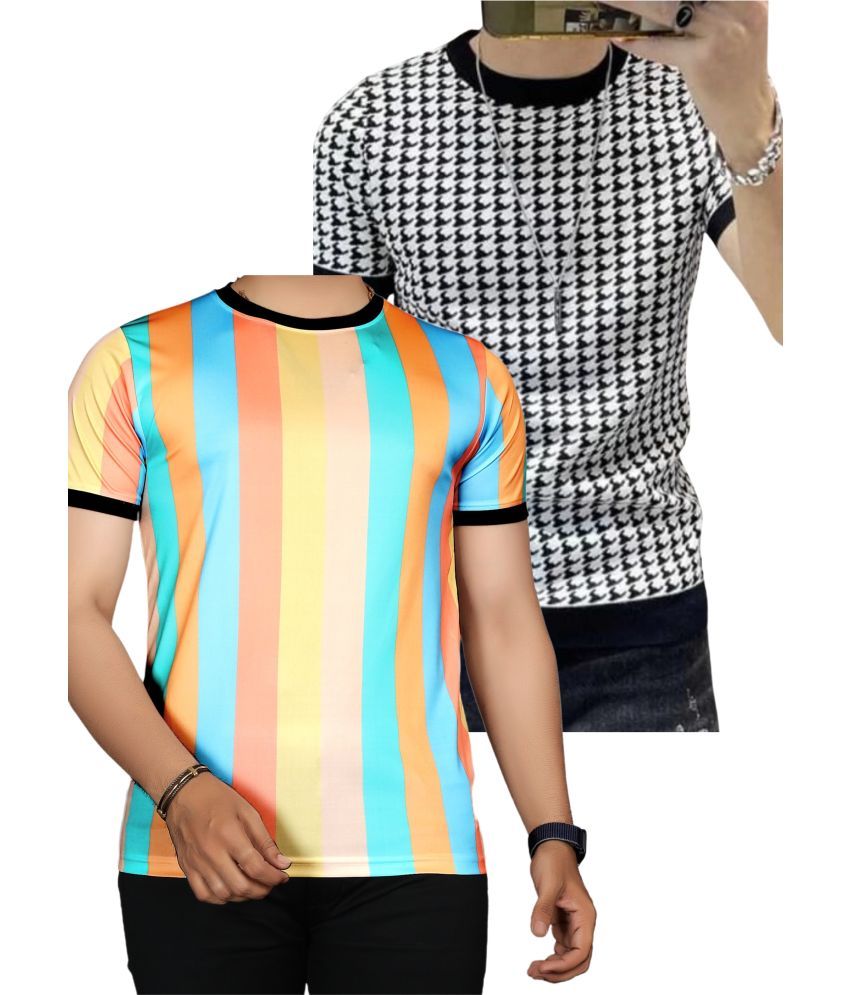     			FABRIPPLE Polyester Regular Fit Self Design Half Sleeves Men's Round T-Shirt - Multicolor ( Pack of 2 )