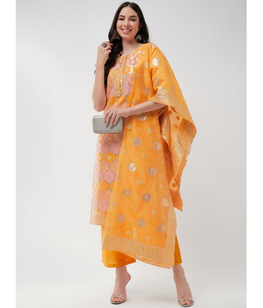     			Pannkh Silk Blend Embellished Kurti With Pants Women's Stitched Salwar Suit - Yellow ( Pack of 1 )