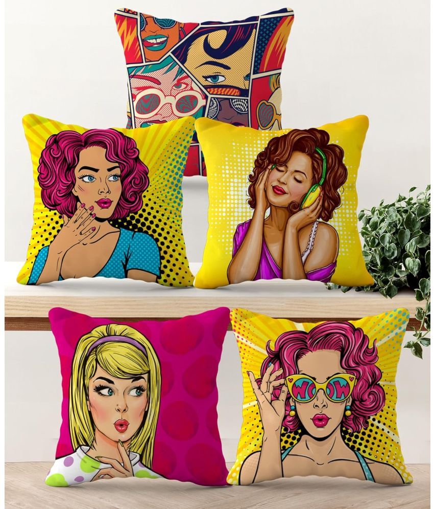     			Crosmo Set of 5 Satin Graphic Square Cushion Cover (40X40)cm - Multicolor