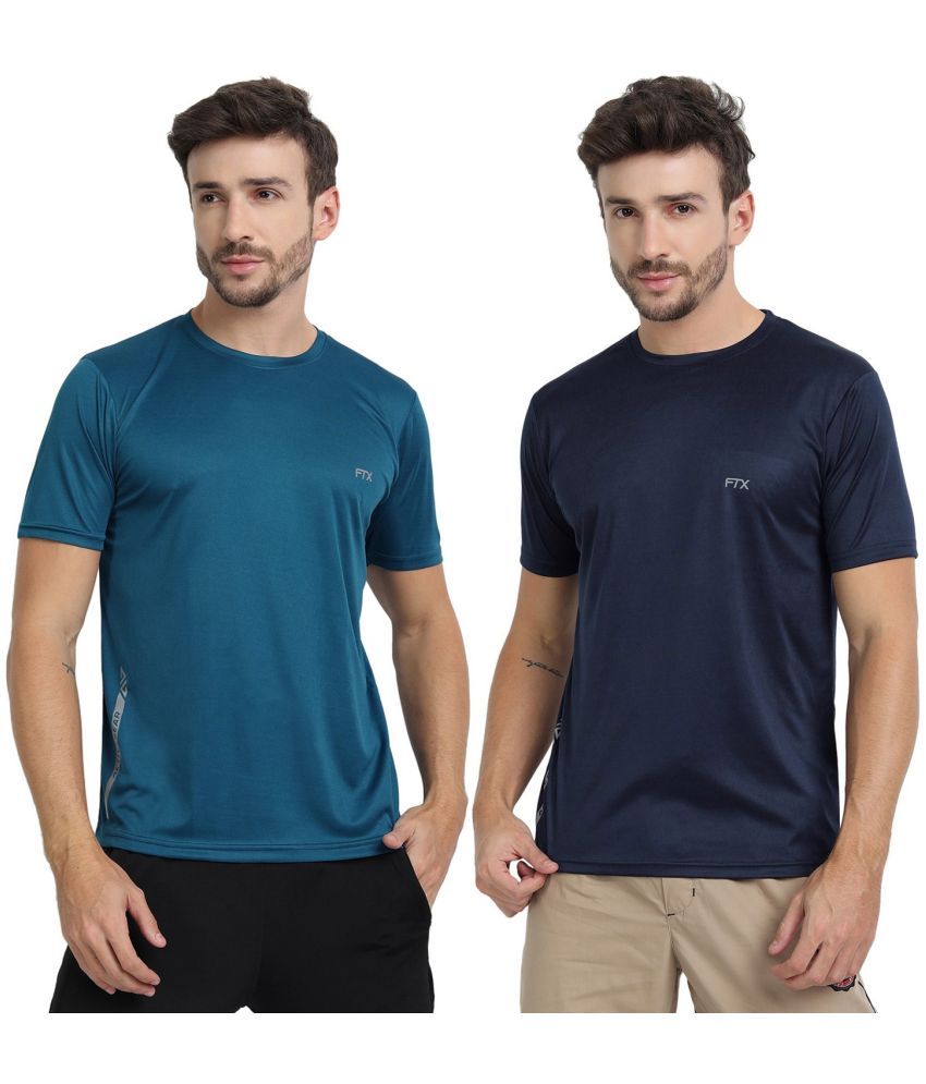     			FTX Polyester Regular Fit Solid Half Sleeves Men's Round T-Shirt - Navy ( Pack of 2 )