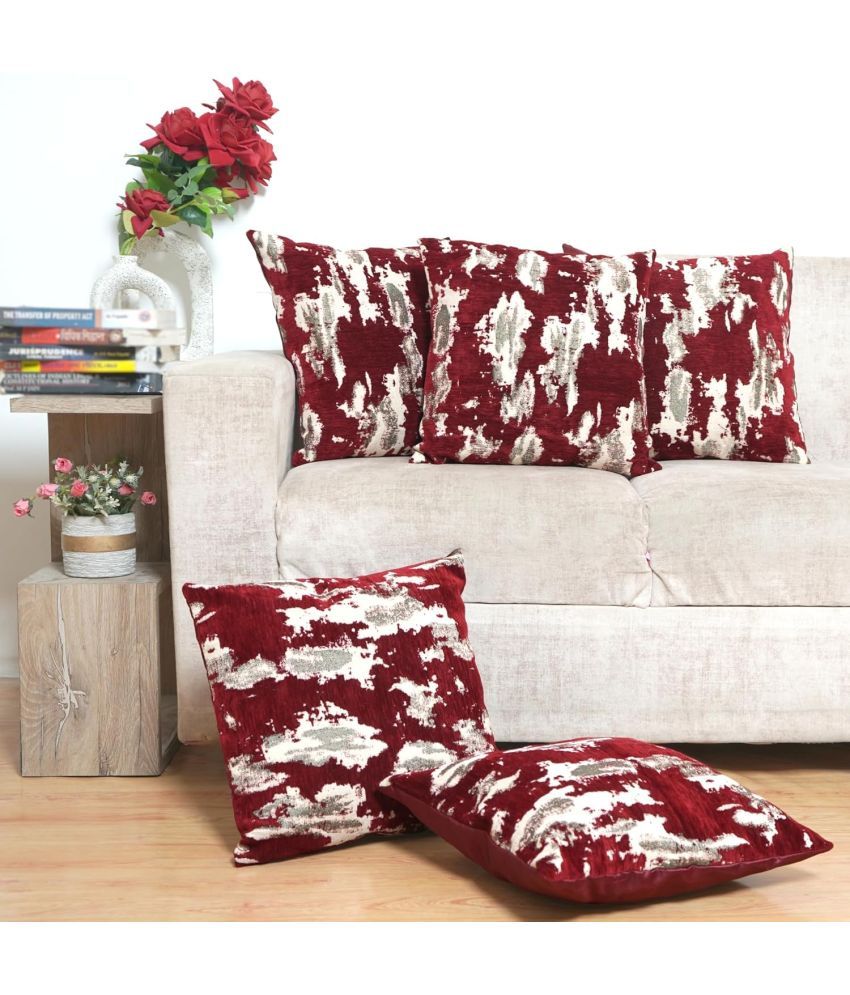     			FURNISHING HUT Set of 5 Jacquard Floral Square Cushion Cover (40X40)cm - Maroon