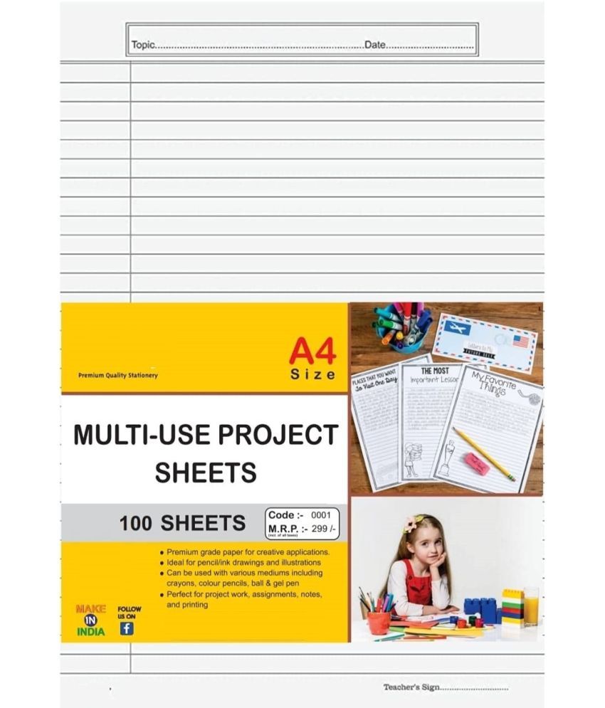     			Freedy A4 Size Both Side Ruled White Sheet (Pack of 100 sheets) for Project/Assignment/Practical/Homework(Bsr -100 white sheet )