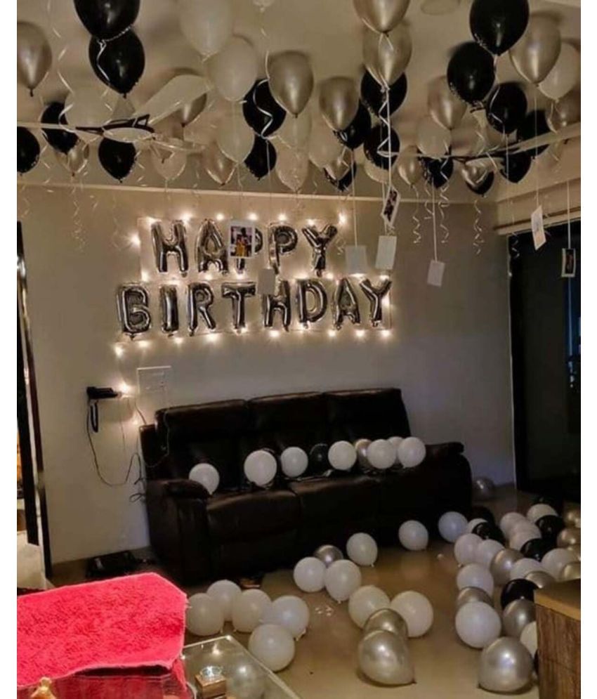     			PartyBooms Happy Birthday Silver Foil Decoration Item, 20 Silver. 20 Black, 20 White Balloons Pack of 61