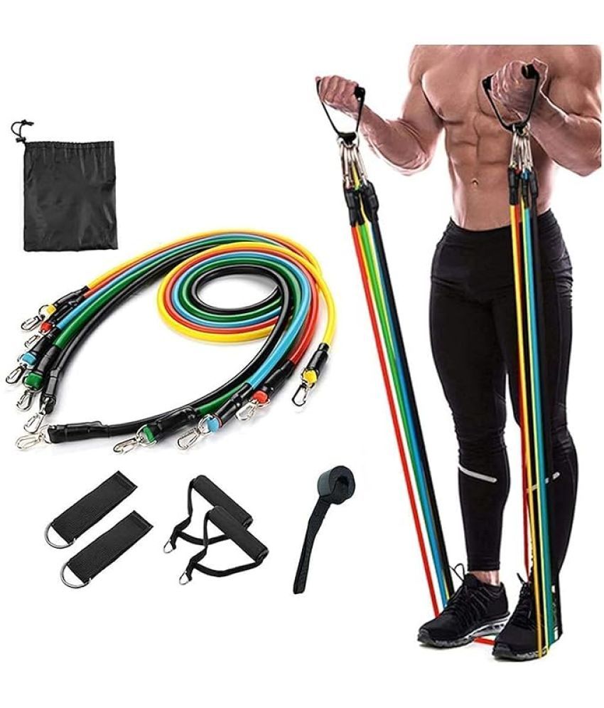     			Resistance Band Set with Handles, Portable Toning Tubes with Door Anchor & Foam Handles. Resistance Tube Kit with Bag and Ankle Straps Included. (11 Pieces Tube Set), Multicolor