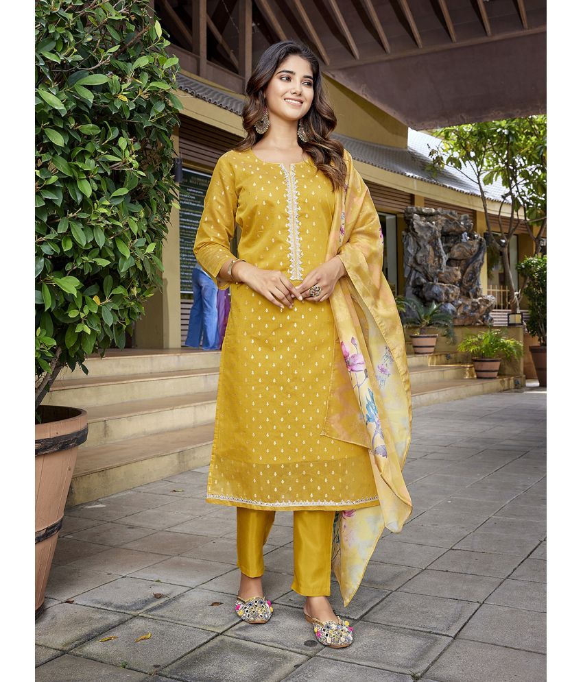     			Royal Export Chanderi Embellished Kurti With Pants Women's Stitched Salwar Suit - Yellow ( Pack of 1 )