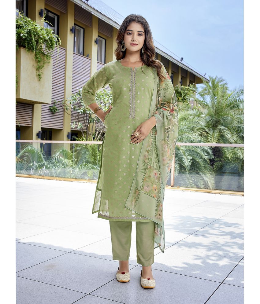     			Royal Export Chanderi Self Design Kurti With Pants Women's Stitched Salwar Suit - Green ( Pack of 1 )