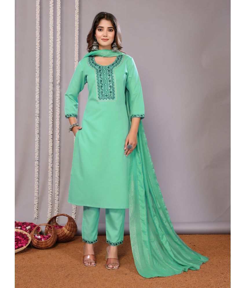     			Royal Export Cotton Blend Embroidered Kurti With Pants Women's Stitched Salwar Suit - Green ( Pack of 1 )