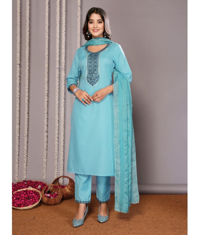     			Royal Export Cotton Blend Embroidered Kurti With Pants Women's Stitched Salwar Suit - Light Blue ( Pack of 1 )