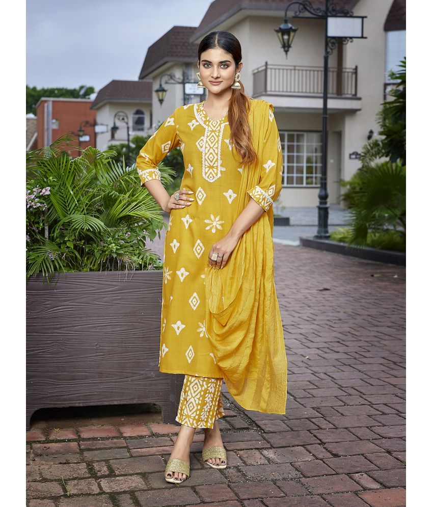     			Royal Export Cotton Blend Printed Kurti With Pants Women's Stitched Salwar Suit - Yellow ( Pack of 1 )