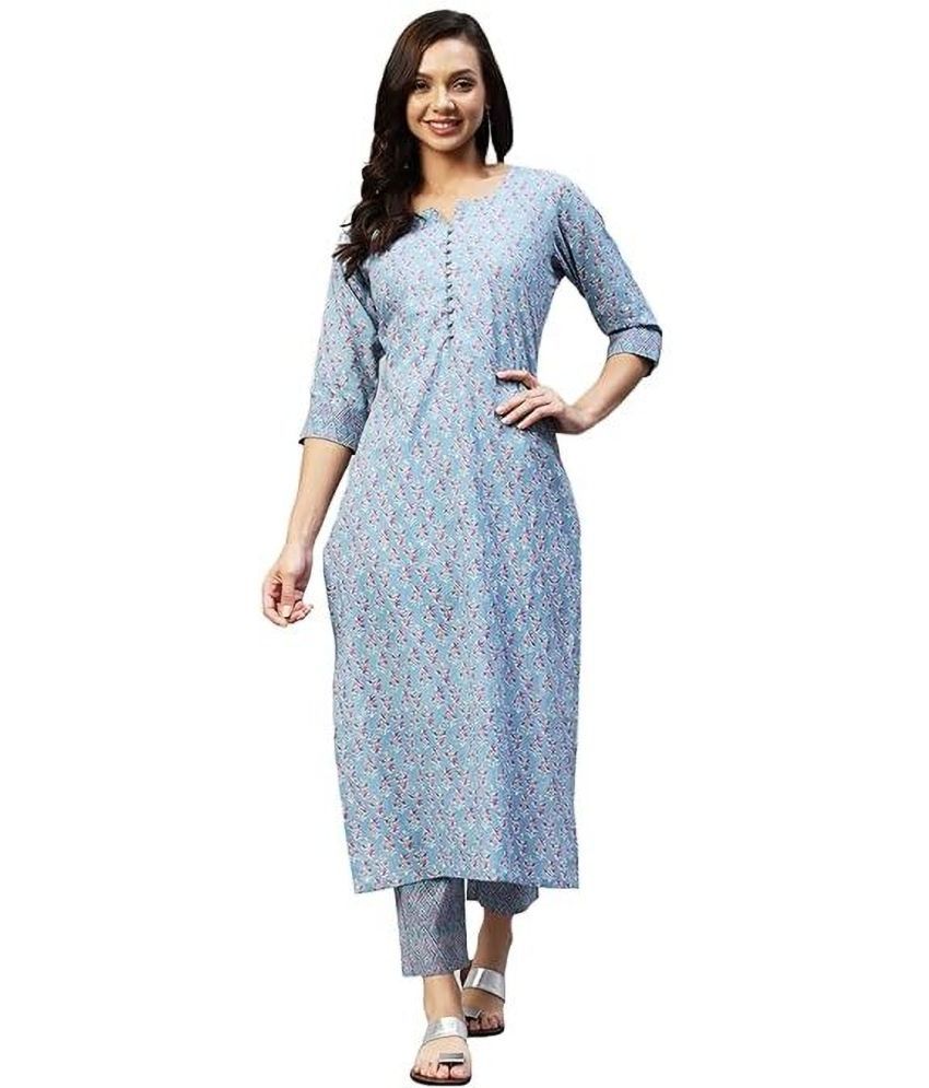     			Royal Export Cotton Blend Printed Kurti With Pants Women's Stitched Salwar Suit - Light Blue ( Pack of 1 )