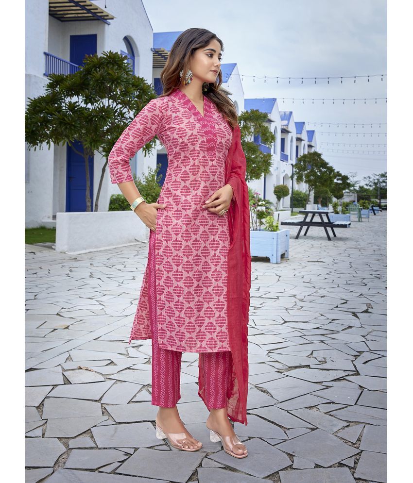     			Royal Export Cotton Blend Printed Kurti With Pants Women's Stitched Salwar Suit - Pink ( Pack of 1 )