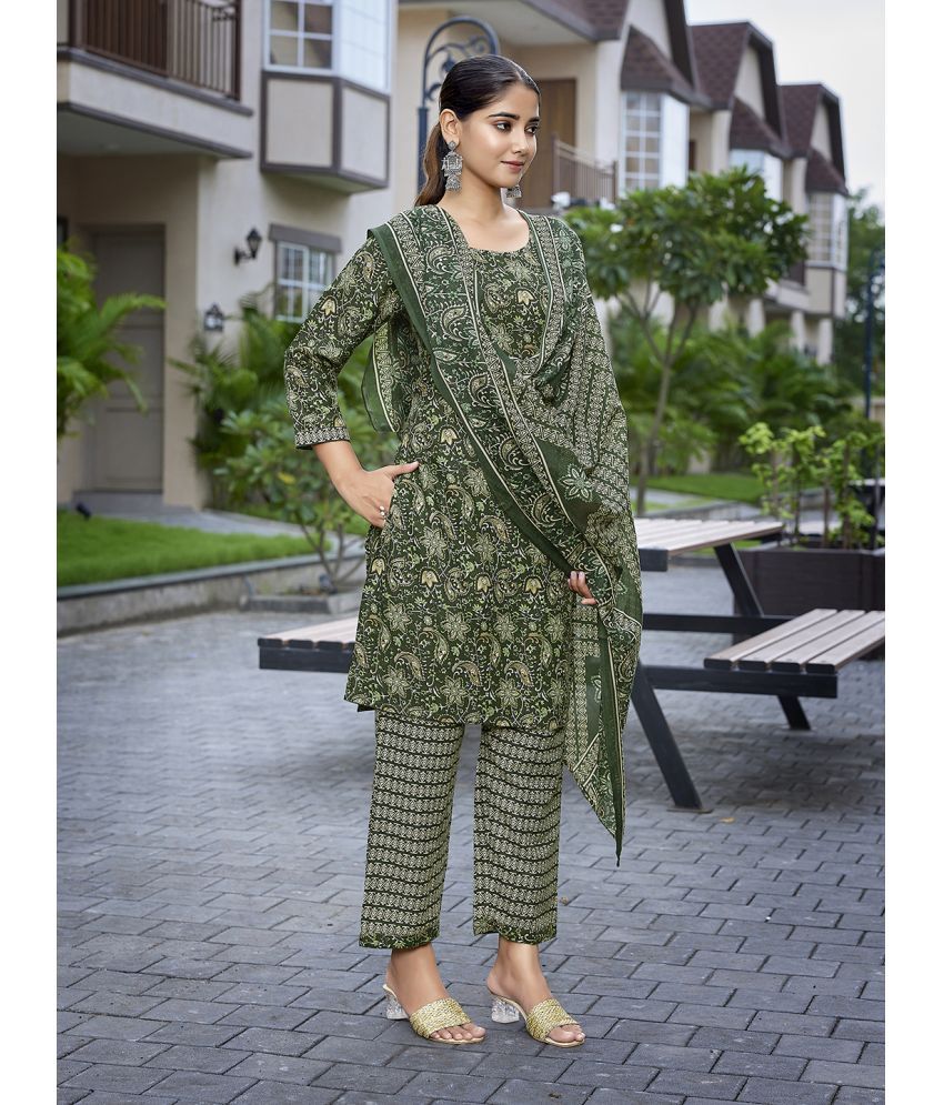     			Royal Export Cotton Blend Printed Kurti With Pants Women's Stitched Salwar Suit - Dark Green ( Pack of 1 )