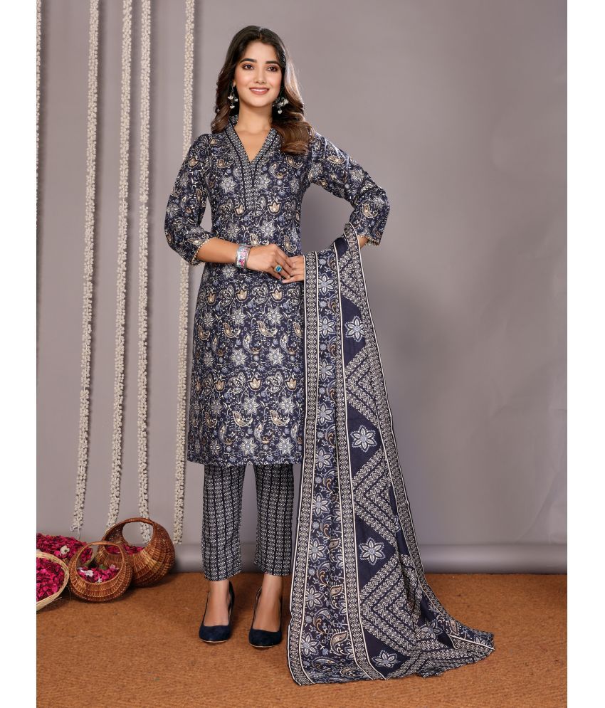     			Royal Export Cotton Blend Printed Kurti With Pants Women's Stitched Salwar Suit - Black ( Pack of 1 )