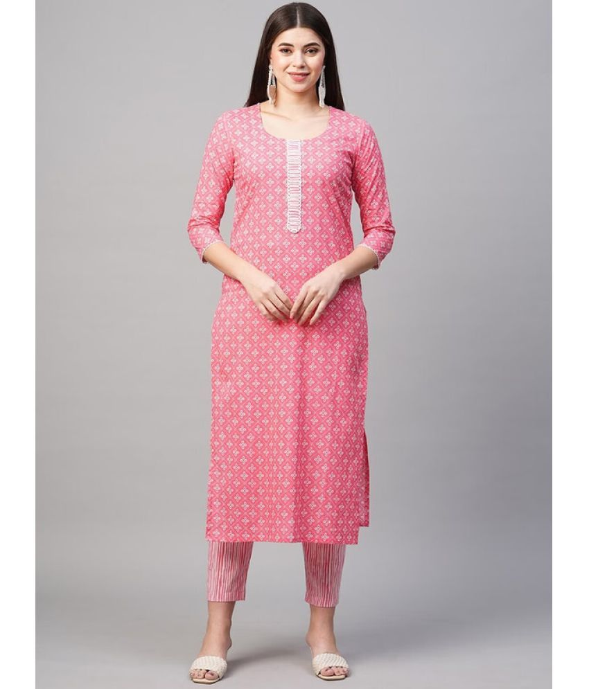     			Royal Export Cotton Blend Printed Kurti With Pants Women's Stitched Salwar Suit - Pink ( Pack of 1 )