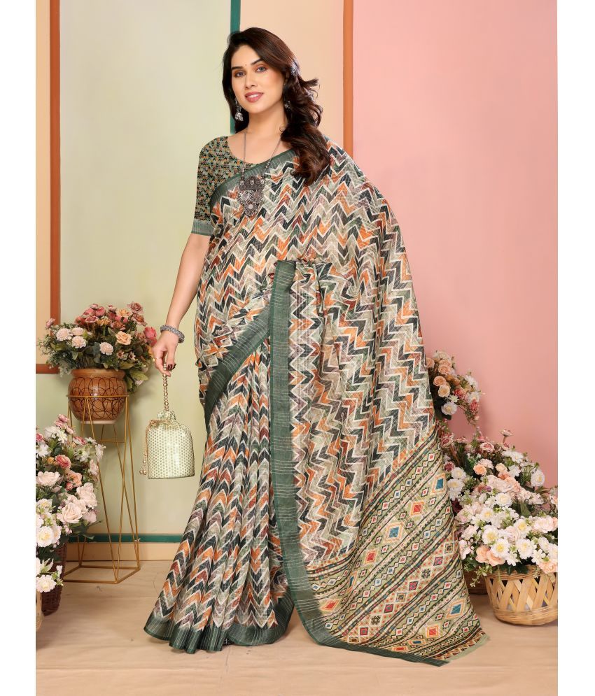     			Sidhidata Pack of 1 Linen Printed Saree With Blouse Piece ( Green )