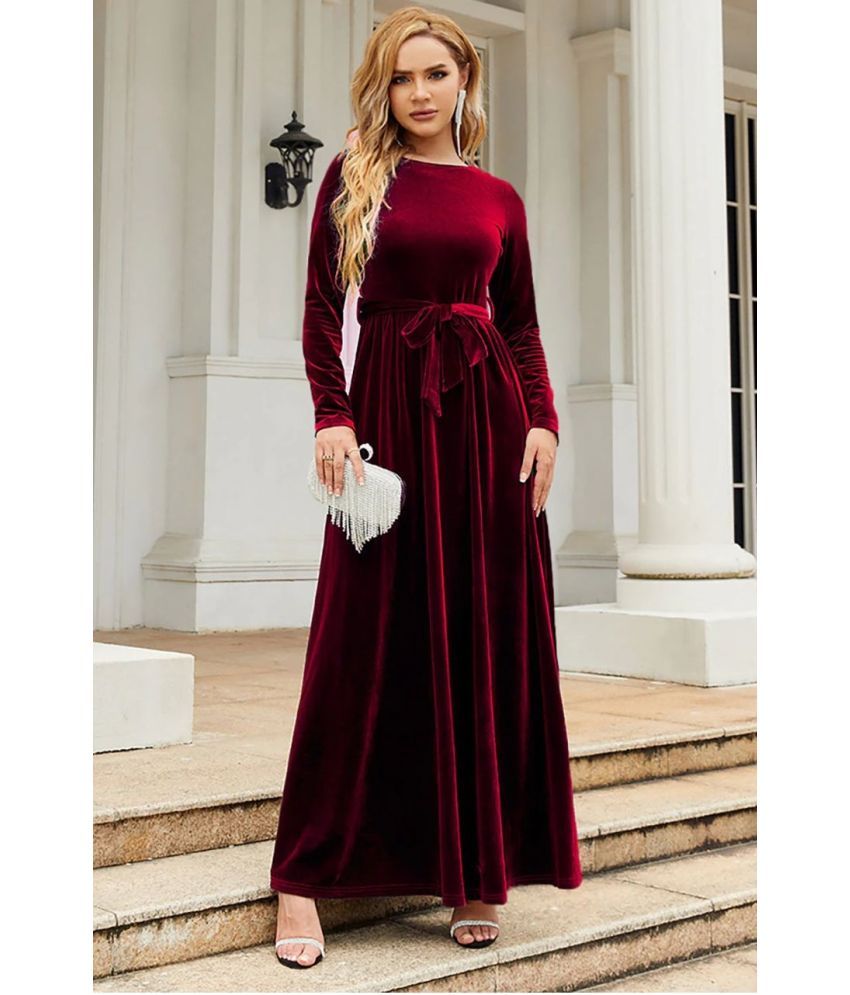     			TAMINA Velvet Solid Full Length Women's Fit & Flare Dress - Maroon ( Pack of 1 )