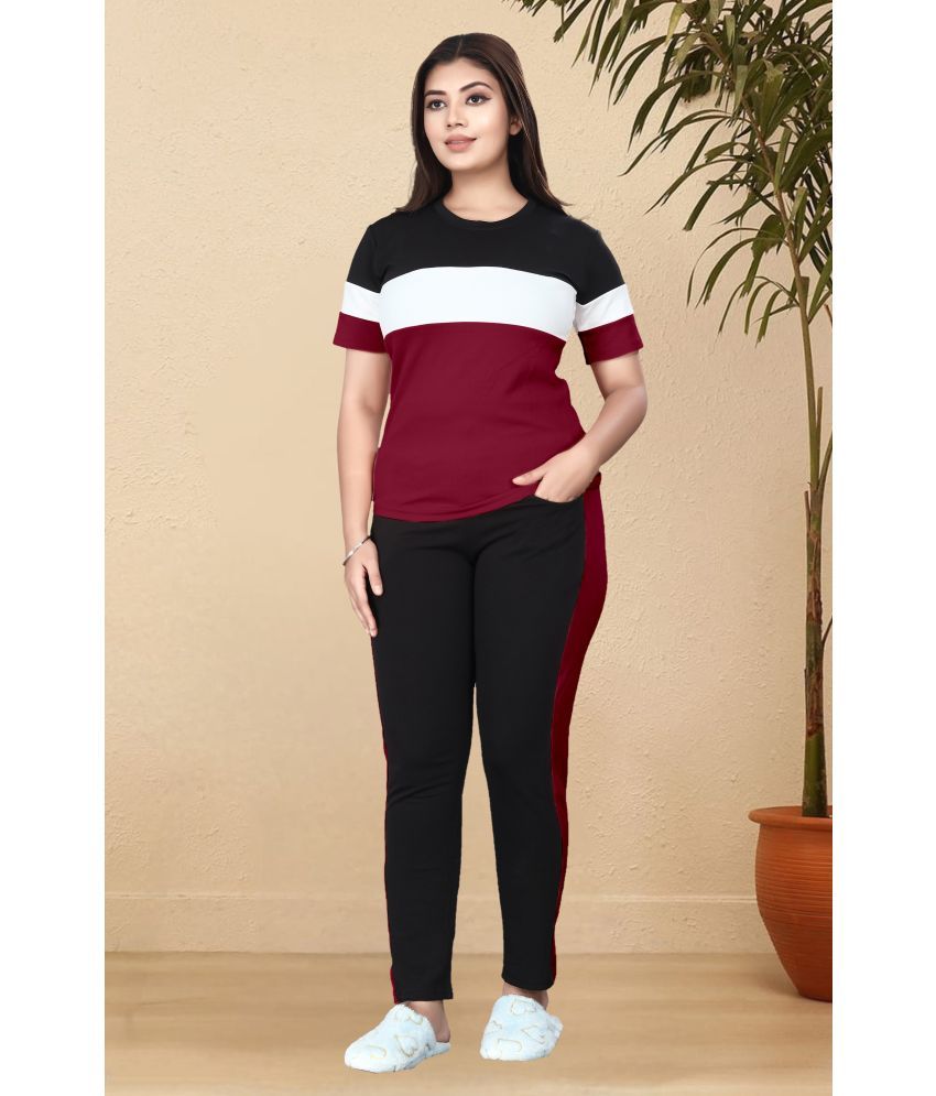     			DTR FASHION Maroon Cotton Blend Striped Tracksuit - Pack of 1