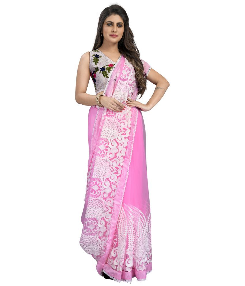     			Gazal Fashions Pack of 1 Net Embroidered Saree With Blouse Piece ( Pink )