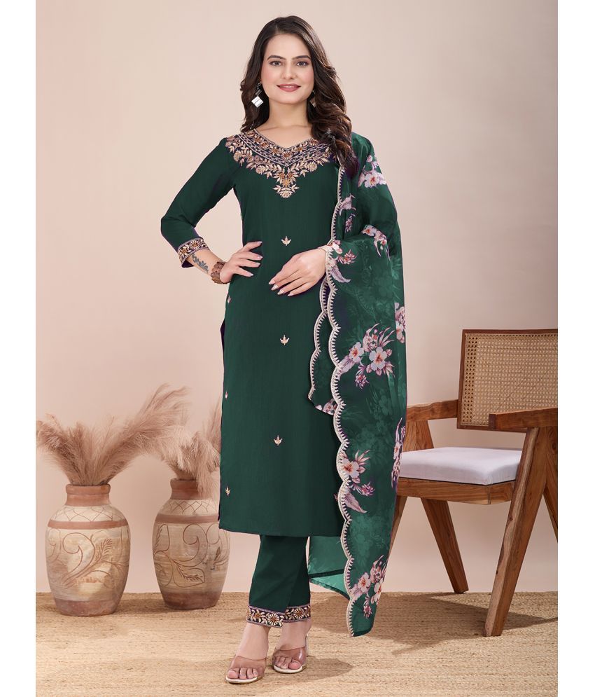     			Parastri Cotton Embroidered Kurti With Pants Women's Stitched Salwar Suit - Green ( Pack of 1 )