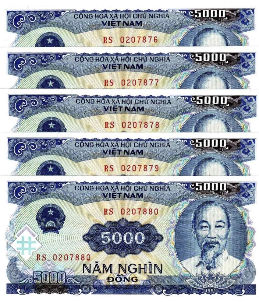     			Vietnam 5000 Dong Consecutive Serial 5 Notes in Top Grade Gem UNC