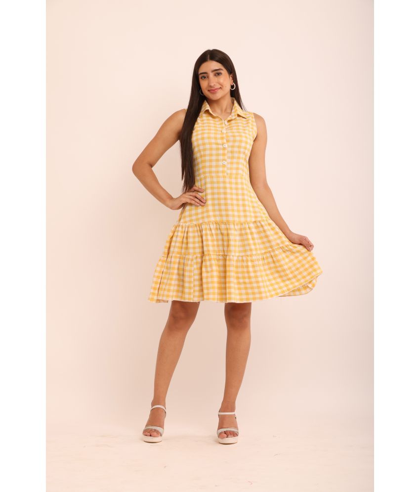     			angad tewatia Cotton Checks Above Knee Women's Fit & Flare Dress - Yellow ( Pack of 1 )