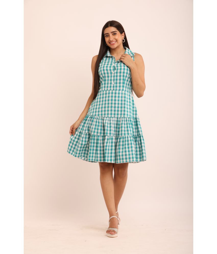     			angad tewatia Cotton Checks Knee Length Women's Fit & Flare Dress - Mint Green ( Pack of 1 )