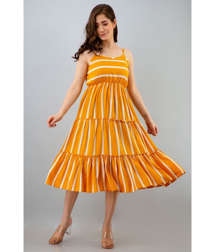     			Bhawanaprint Viscose Rayon Striped Knee Length Women's Fit & Flare Dress - Orange ( Pack of 1 )