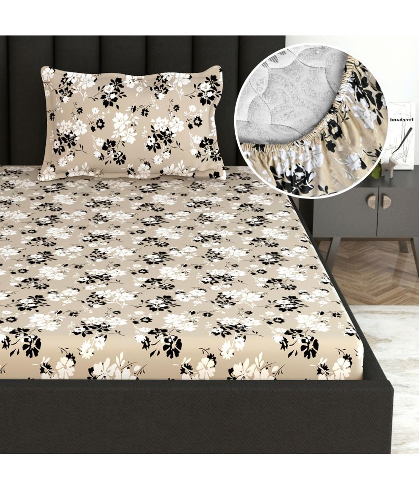     			DIVINE CASA Cotton Floral Fitted Fitted bedsheet with 1 Pillow cover ( Single Bed ) - Beige