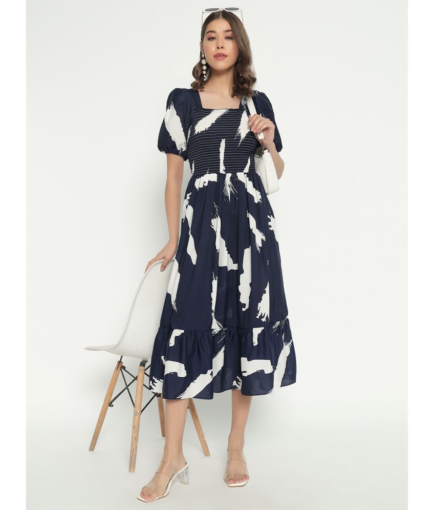     			JASH CREATION Polyester Printed Midi Women's Fit & Flare Dress - Navy Blue ( Pack of 1 )