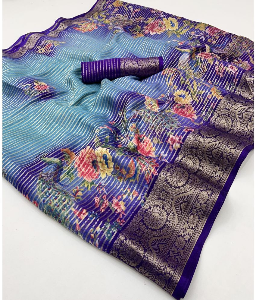     			KOMAL NX Pack of 1 Silk Blend Printed Saree With Blouse Piece ( Purple,SkyBlue )