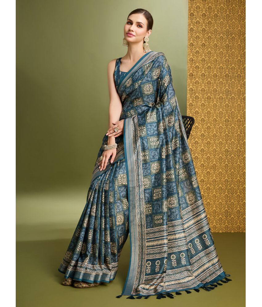     			MANTROTSAV Pack of 1 Silk Blend Printed Saree With Blouse Piece ( Blue )