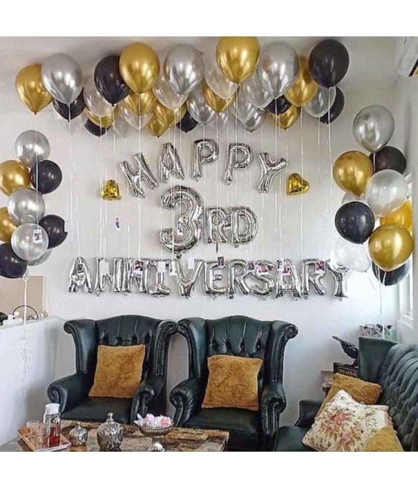     			PartyBooms Happy 3rd Anniversary Silver Foil, 2 Love Heart Gold Foil, 15 Each Gold Black SIlver Metallic Balloons Pack of 48