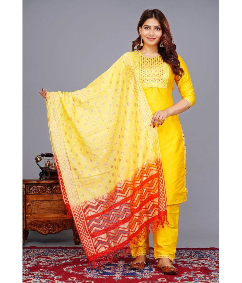     			RAMBAAN CREATION Silk Blend Embroidered Kurti With Pants Women's Stitched Salwar Suit - Yellow ( Pack of 1 )