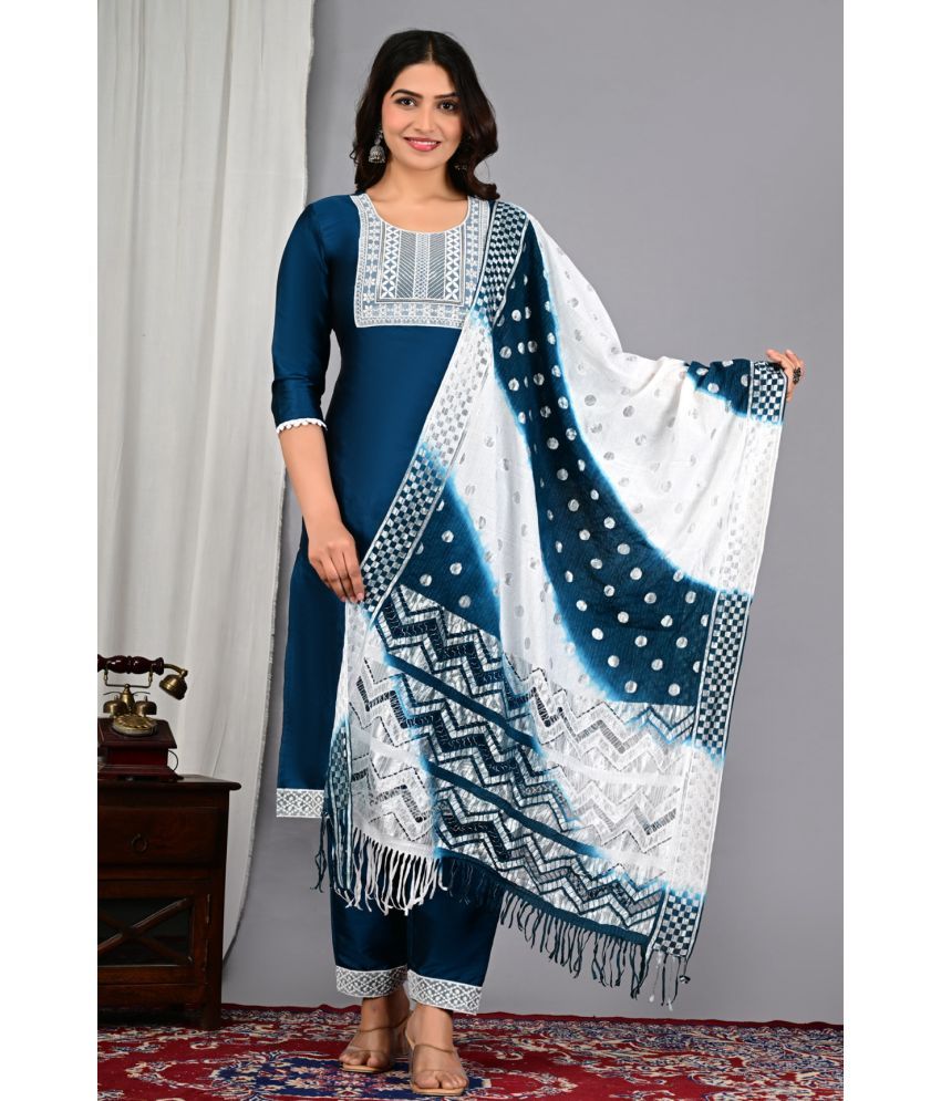     			RAMBAAN CREATION Silk Blend Embroidered Kurti With Pants Women's Stitched Salwar Suit - Blue ( Pack of 1 )