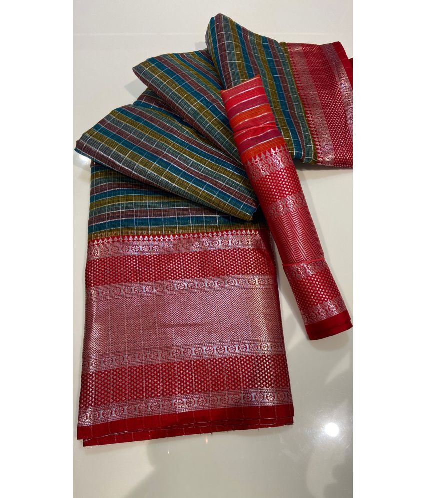     			ALSHOP Cotton Checks Saree With Blouse Piece ( Green , Pack of 1 )