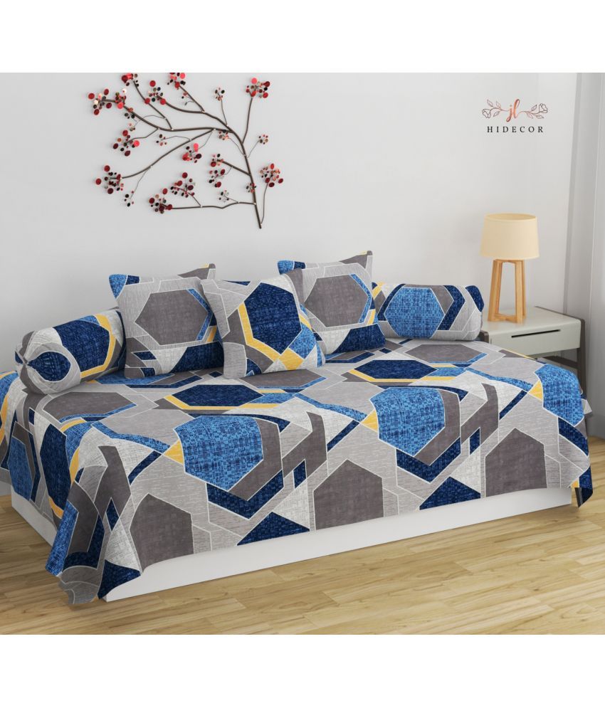     			HIDECOR Cotton Geometric Diwan Set 6 Pcs - Blue