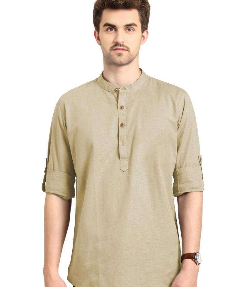     			UNI VIBE Beige Cotton Men's Shirt Style Kurta ( Pack of 1 )