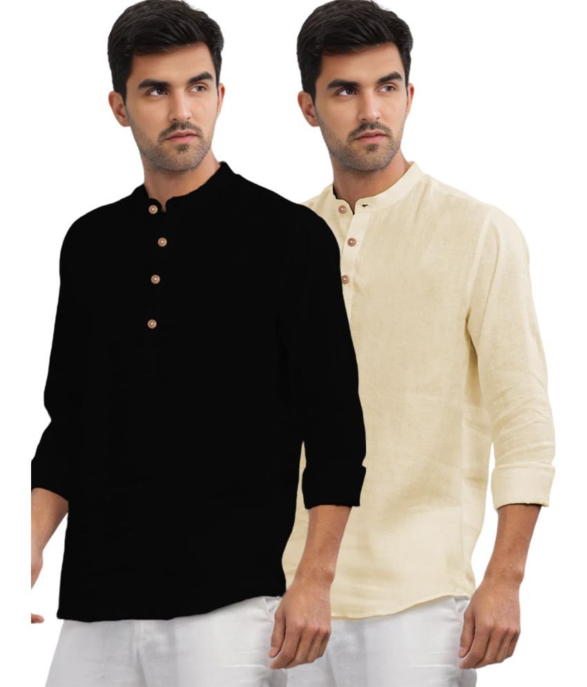     			UNI VIBE Beige Cotton Men's Shirt Style Kurta ( Pack of 2 )