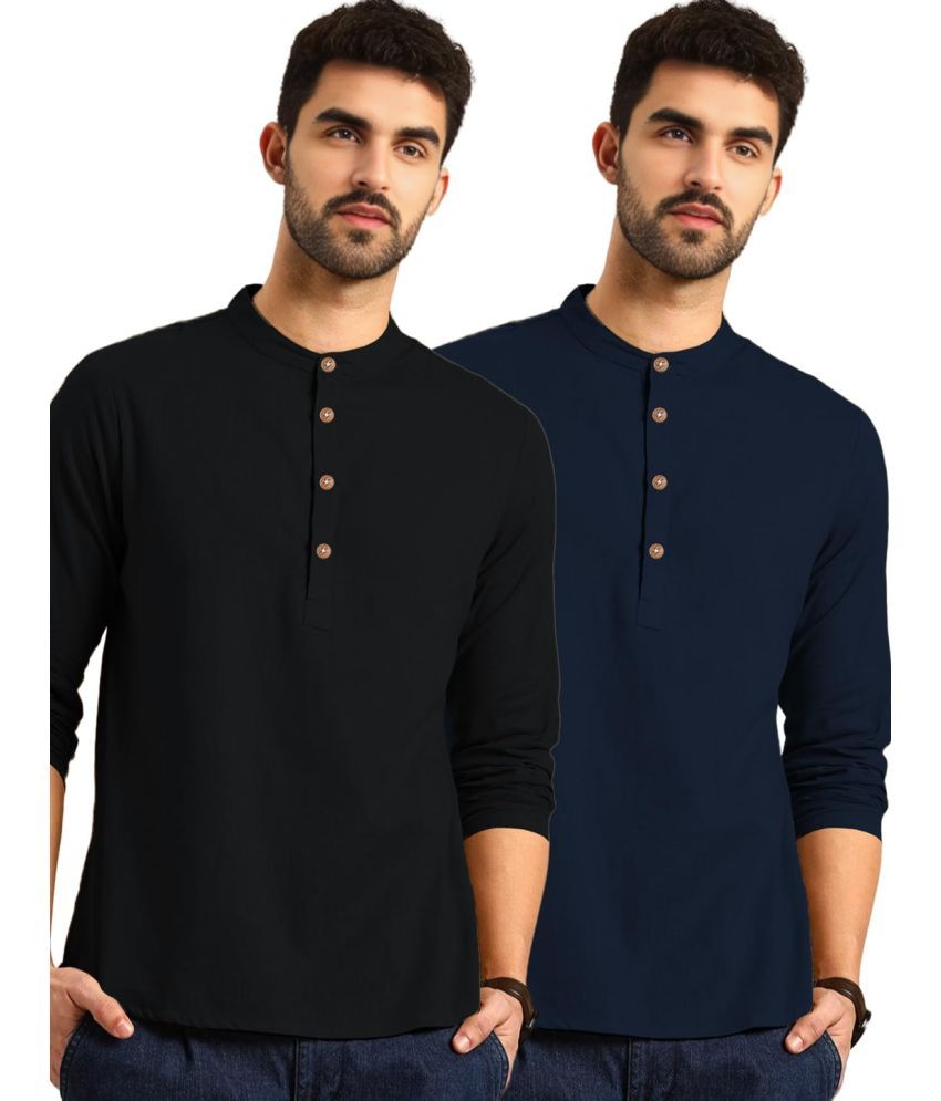     			UNI VIBE Navy Blue Cotton Men's Shirt Style Kurta ( Pack of 2 )